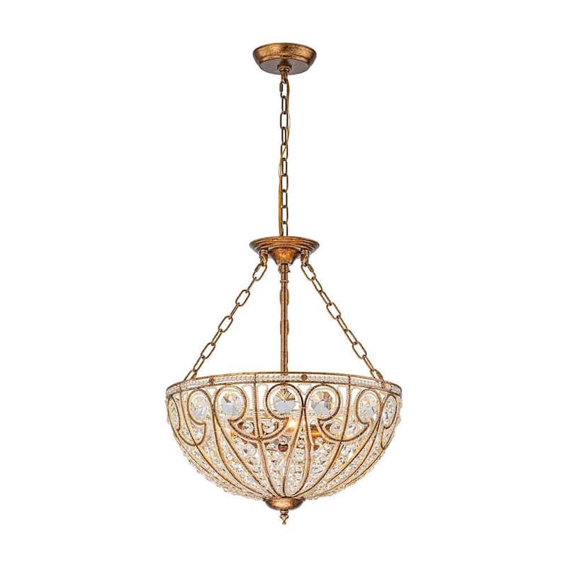 Spanish Antique Gold Bronze Crystal Accented Basket Cage Chandelier