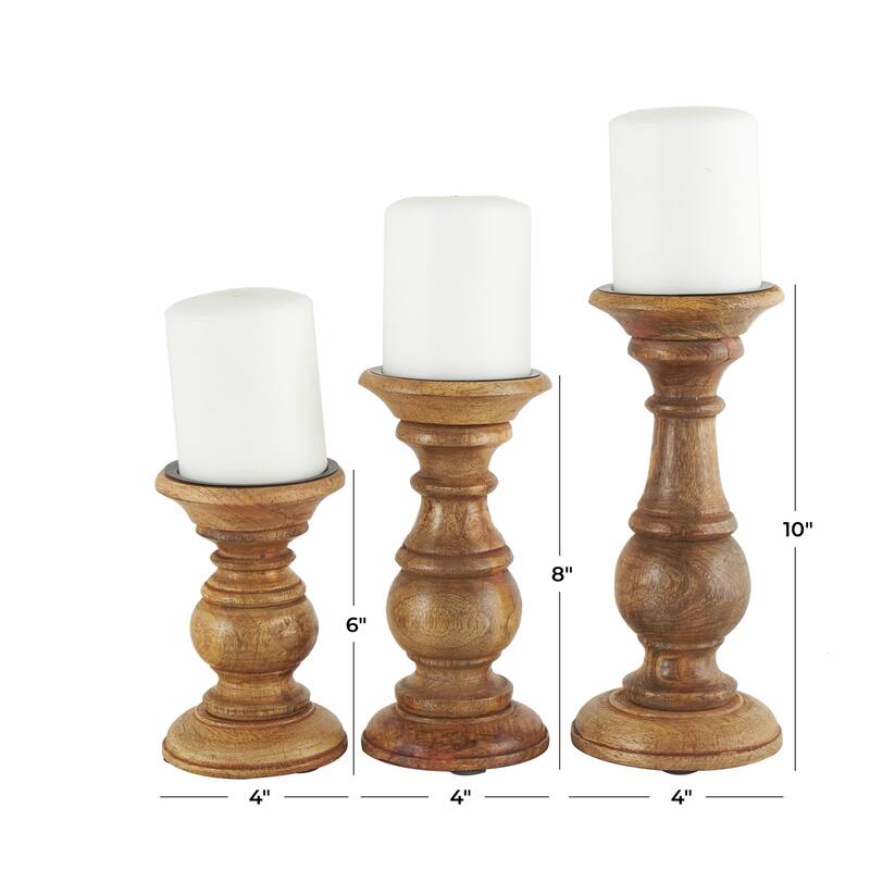 Mango Wood Distressed Turned Pillar Decorative Candle Holder - Set of 3 - Roche River Decor