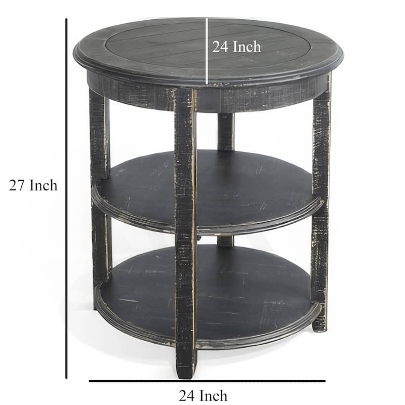 Rena Side End Table with 2 Shelves, 24 Inch Round Black Mahogany Wood