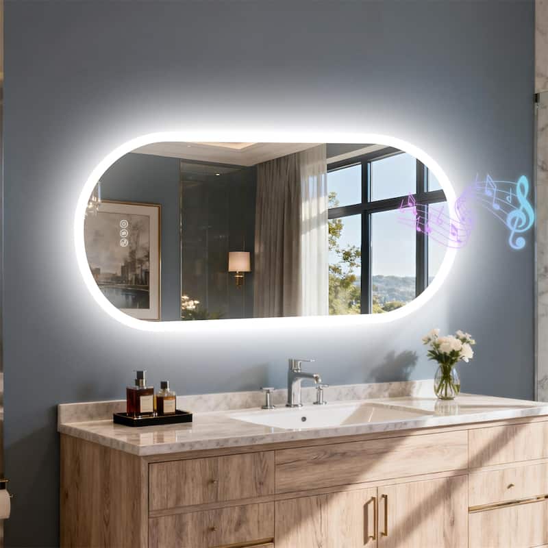 Oblong Bluetooth Led Lighted Bathroom Makeup Mirror Tempered Glass Backlit Vanity Mirror -  23.62" x 47.24"