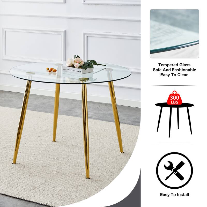 A glass tabletop with a diameter of 40 inches and a modern minimalist circular dining table with gold plated metal legs.
