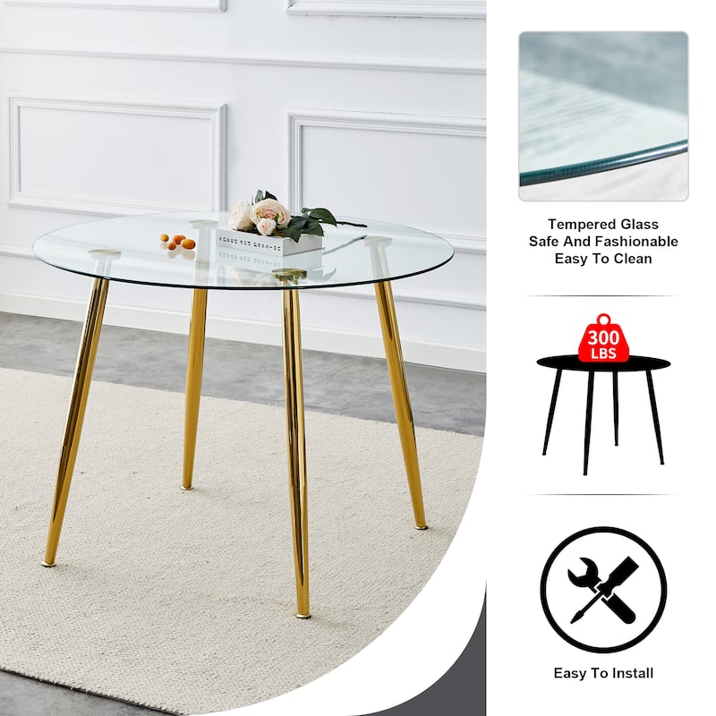Roomfitters Round Glass Dining Table with 40 Inch Top and Gold Plated Metal Legs for Living or Dining Room, Golden