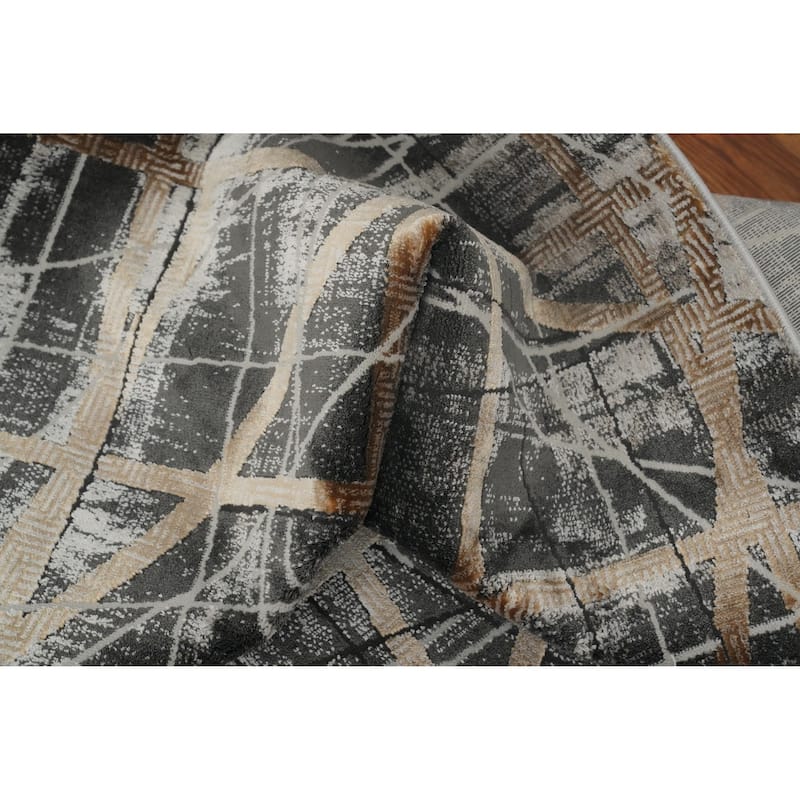 Machine Made Oriental Polyester Carpet Modern Geometric Greys & Charcoal Modern Area Rug - 7' 5'' X 5' 2''