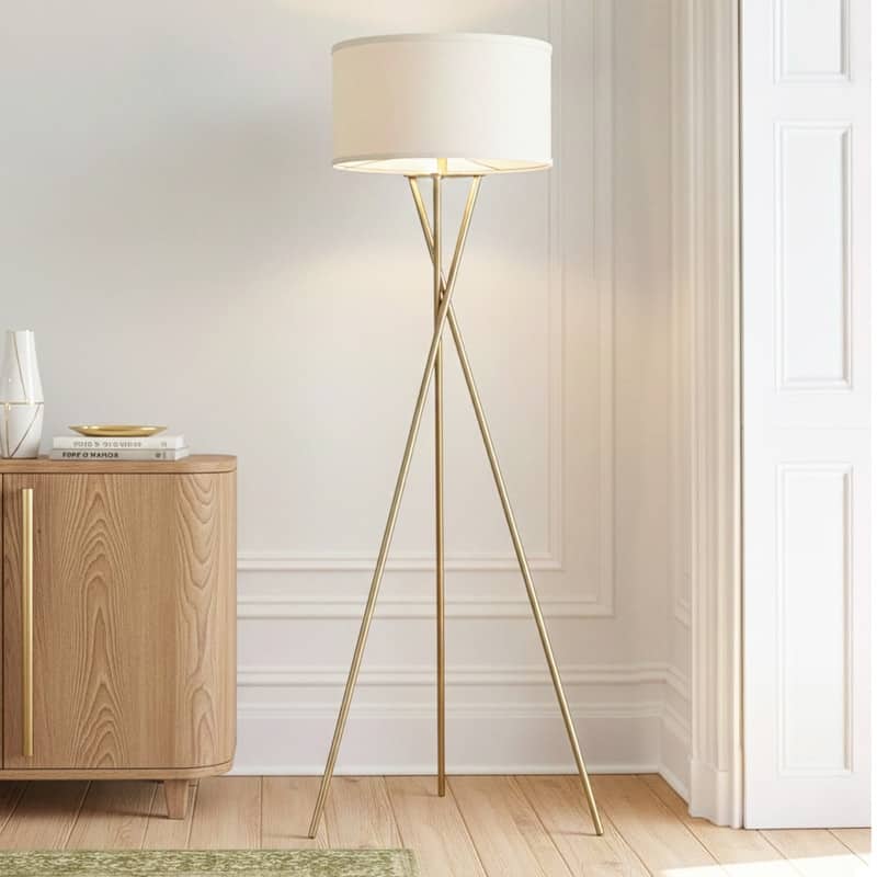 Brightech Jaxon 60 in. Antique Brass Mid-Century Modern LED Super Bright Floor Lamp with White Fabric Drum Shade