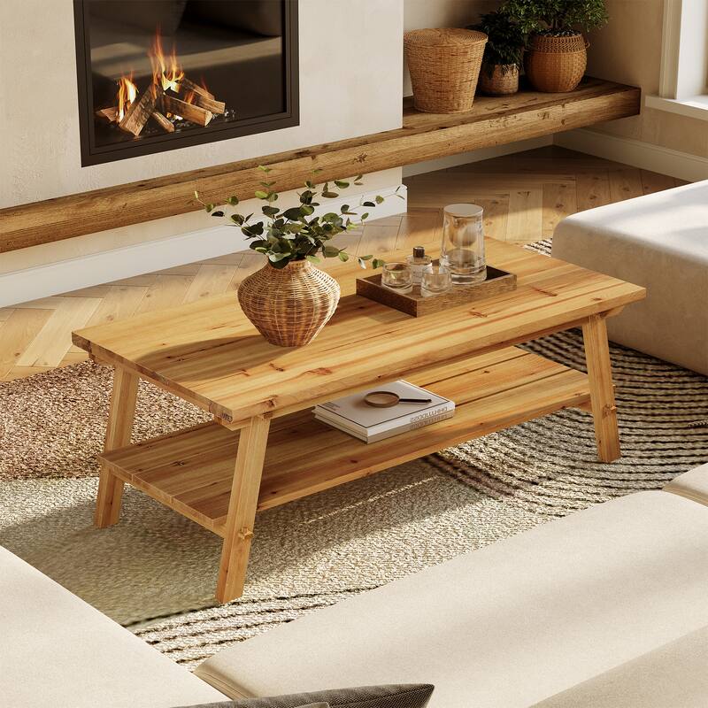 Solid Wood Coffee Table with Storage, Living Room Center Tea Table Accent Side Table