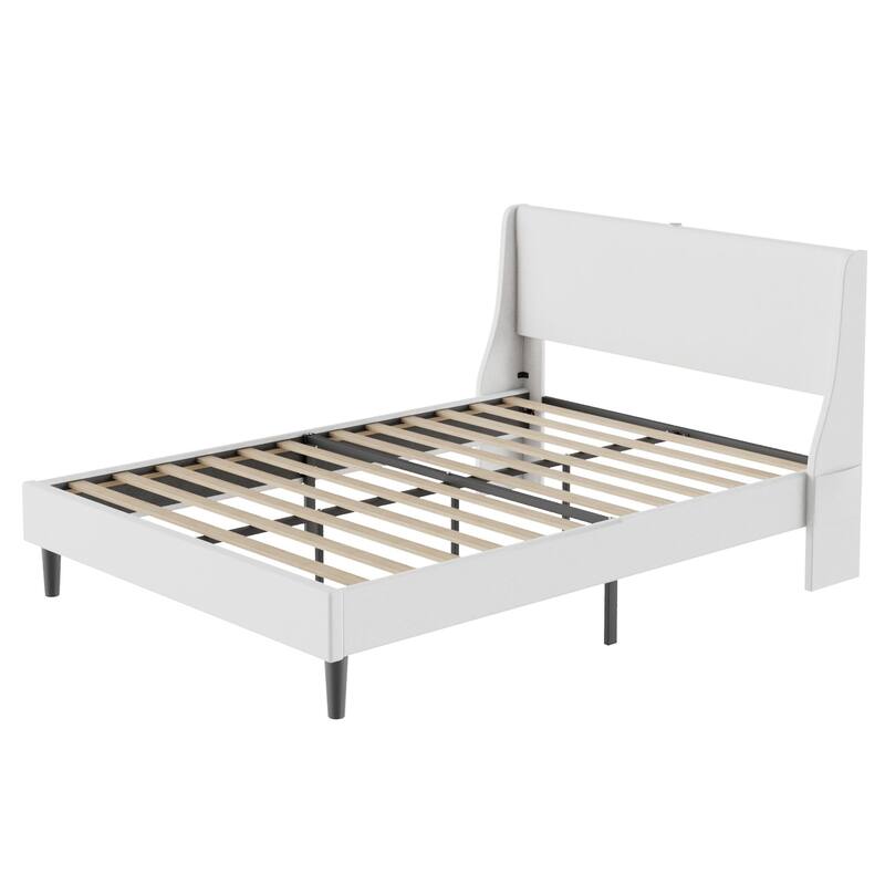 VECELO Bed Frame with Upholstered Wingback Headboard,Platform Bedframe with Charging Station & Side Pockets