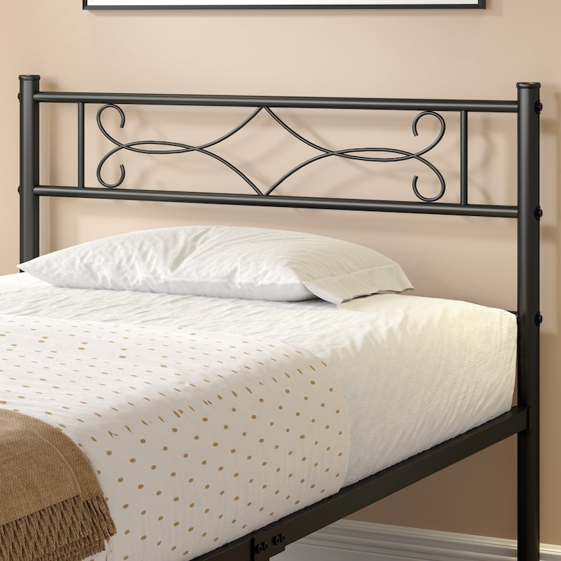 VECELO Metal Bed Frame with Headboard and Footboard No Box Spring Needed 12in Underbed Storage with Decorative Headboard