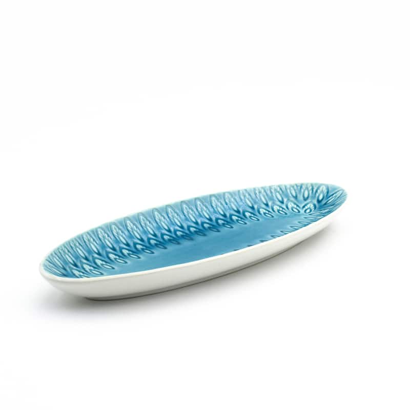 Euro Ceramica Peacock 13" Oval Crackle-Glazed Appetizer Platter - 13.63 in. x 4.81 in. x 1.38 in.