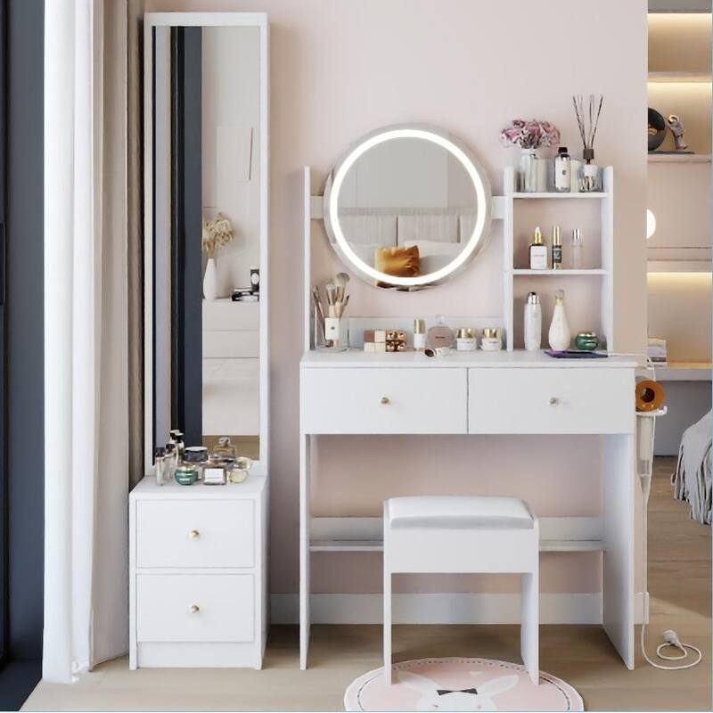 Full Body Mirror Cabinet +Round Mirror LED Vanity Table +Cushioned Stool,With 2 AC + 2 USB Power Station,17"Diameter LED Mirror