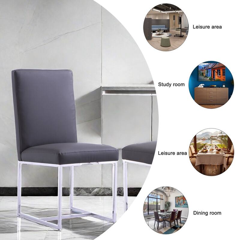Grey Leather Upholstered Dining Chairs with Silver Stainless Steel Legs Set of 2