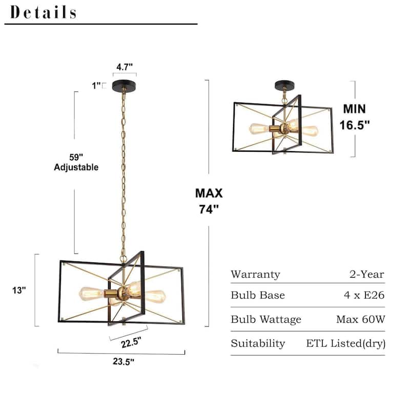 Modern 4-Light Black Gold Chandelier Square Pendant Light for Dining Room - 23.5" L x 22.5" W x 13" H
