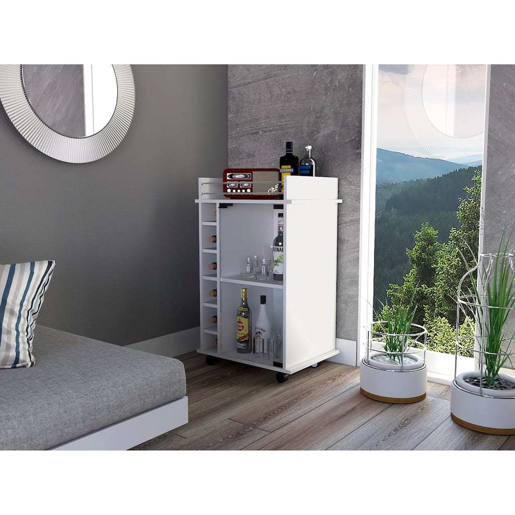 Dukat Bar Cart,Two Shelves, Six Built-in Wine Rack, Four Casters -White