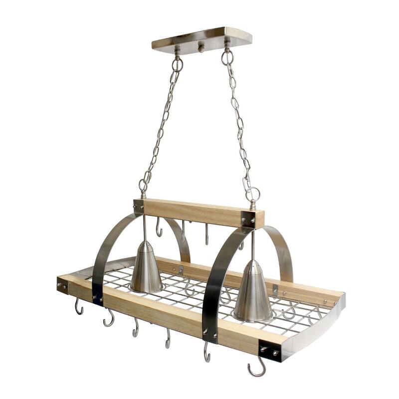 2-Light Wooden Kitchen Pot Rack with Downlights - 36.25" - Brushed Nickel