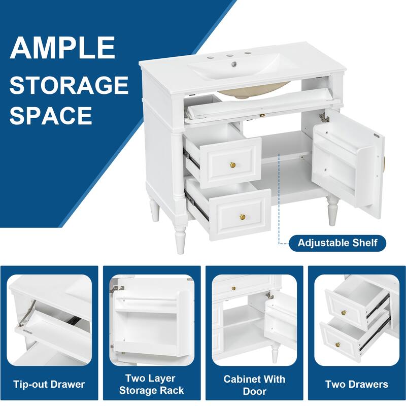 Roomfitters 36" Bathroom Vanity with Sink, Solid Wood Frame, Flip Drawer, 2 Drawers & Door Rack
