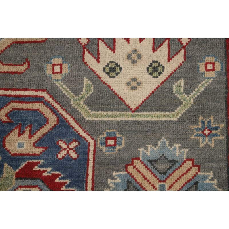 Gray Geometric Kazak Area Rug Handmade Oriental Wool Carpet - 4'11" x 7'0"