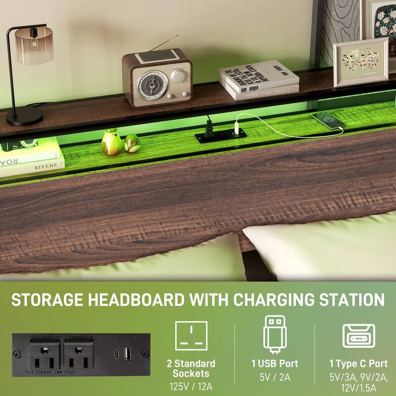 Bed Frame with Headboard, Platm Bed Frame withCharging Station - Walnut