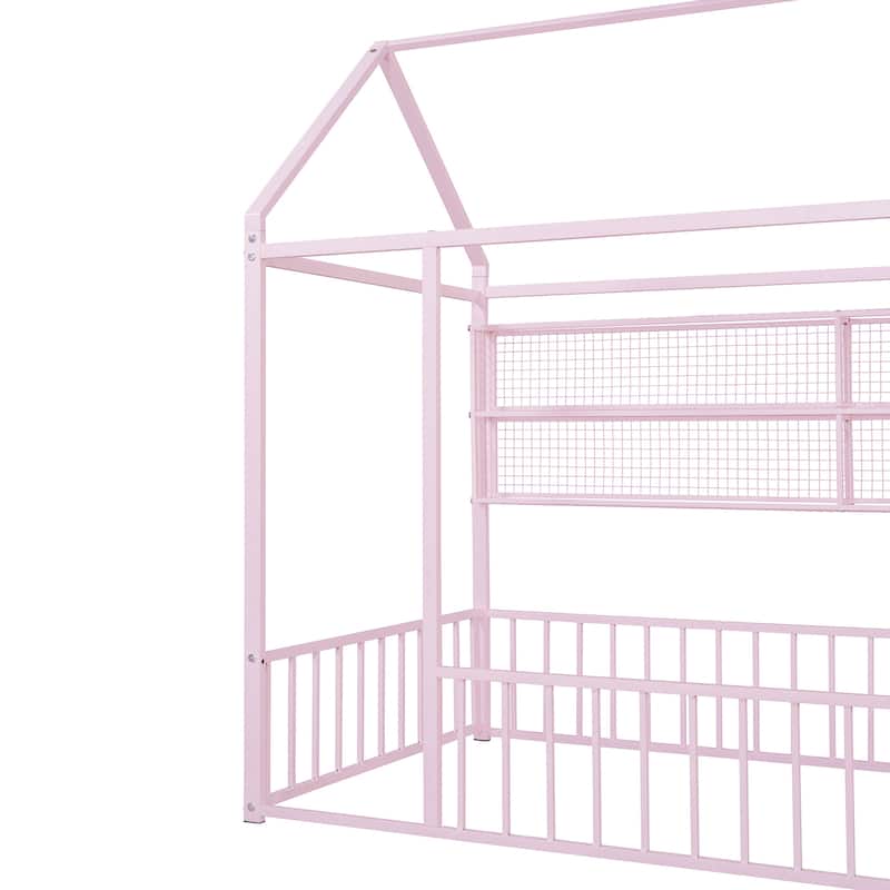 Twin Size Metal Bed House Bed Frame with Fence and Shelves, Black