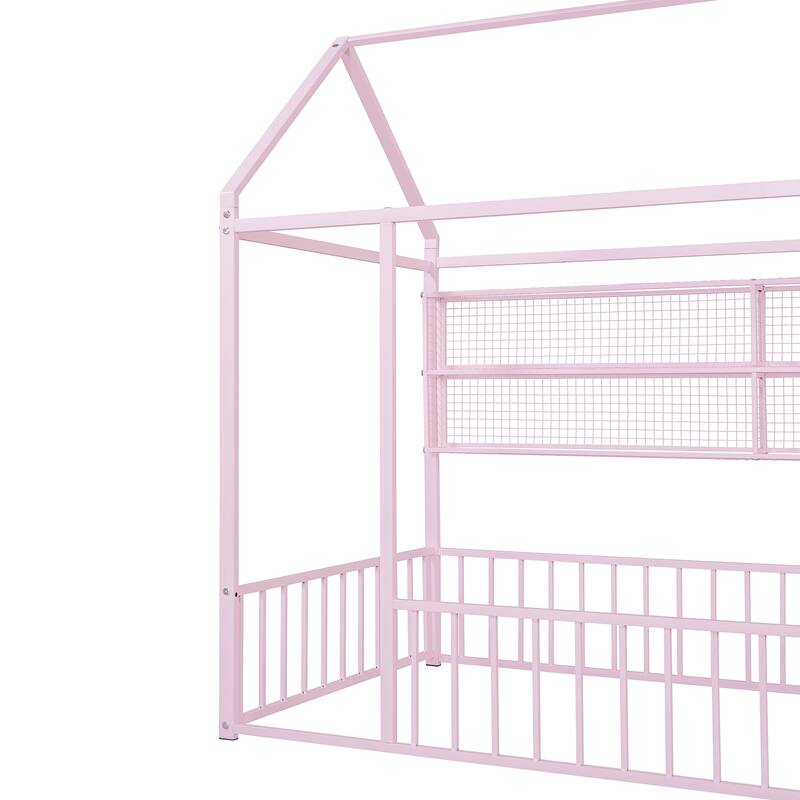 Twin Size Metal House Platform Bed Frame with Storage Shelves,Fence and Shelves