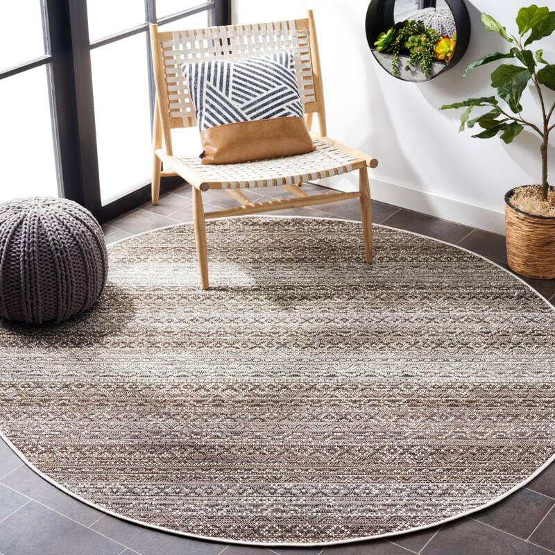 SAFAVIEH Havana Fruma Geometric Indoor/ Outdoor Waterproof Rug - 6'7" Round - Light Brown/Ivory