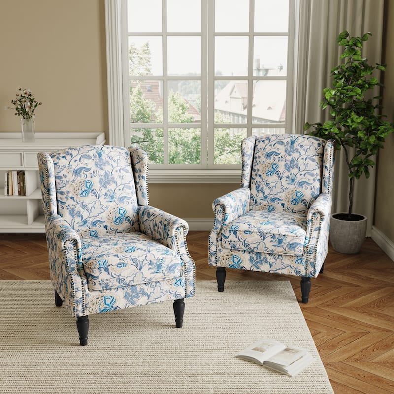 2 Set Transitional Patterned Wingback Accent Chairs with NailHead