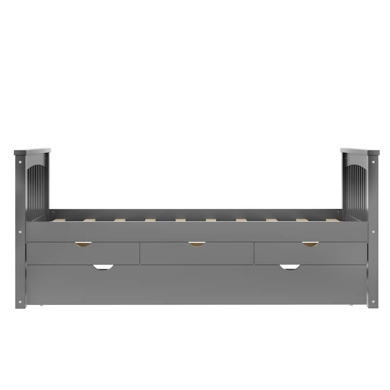Wooden Storage Daybed, Twin Size Platform Bed with Trundle and Drawers