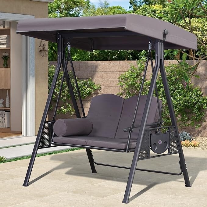 PURPLE LEAF Outdoor Patio Porch Swing with Stand Swing Chair with Adjustable Tilt Canopy All Weather Steel Frame for Backyard Front Porch Lawn