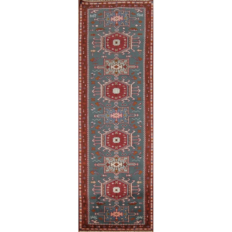 Teal Green Khotan Oriental Runner Rug Hand-Knotted Wool Carpet - 2'6"x 9'9"