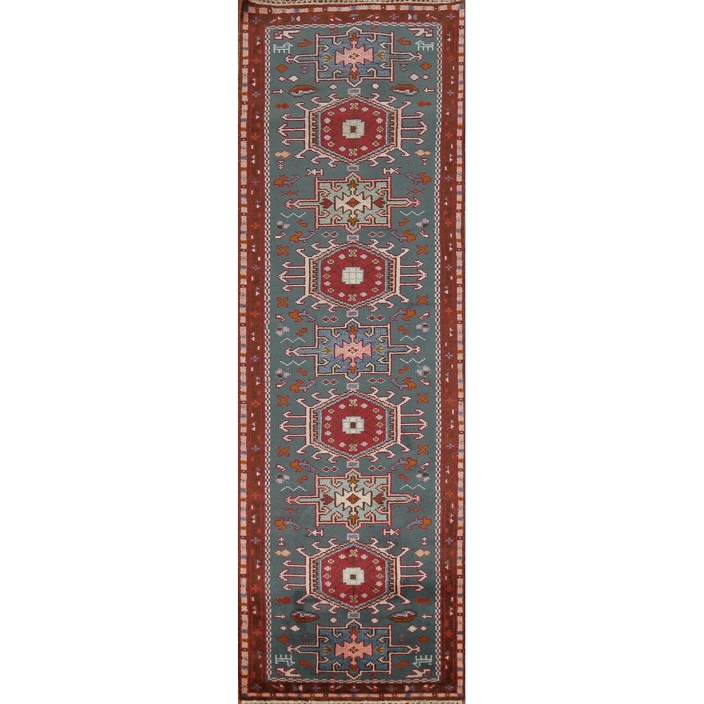 Teal Green Khotan Oriental Runner Rug Hand-Knotted Wool Carpet - 2'6"x 9'9"