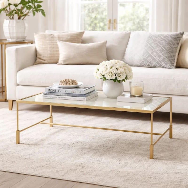 Ova Coffee Table, 47 Inch Rectangular Glass Top, Antique Gold Iron