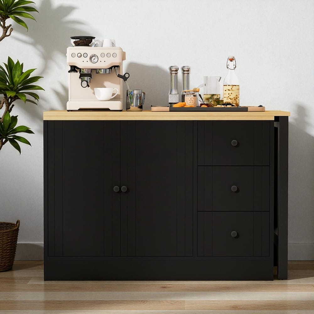89.7" Wooden Sideboard Buffet Cabinet with Extendable Table, 2 Doors, 3 Drawers, Adjustable Shelf for Kitchen or Living Room