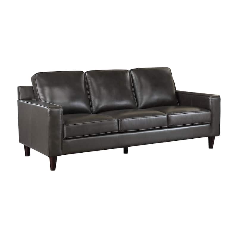 Richie 83 Inch Sofa, Gray Top Grain and Faux Leather, Brown Solid Wood