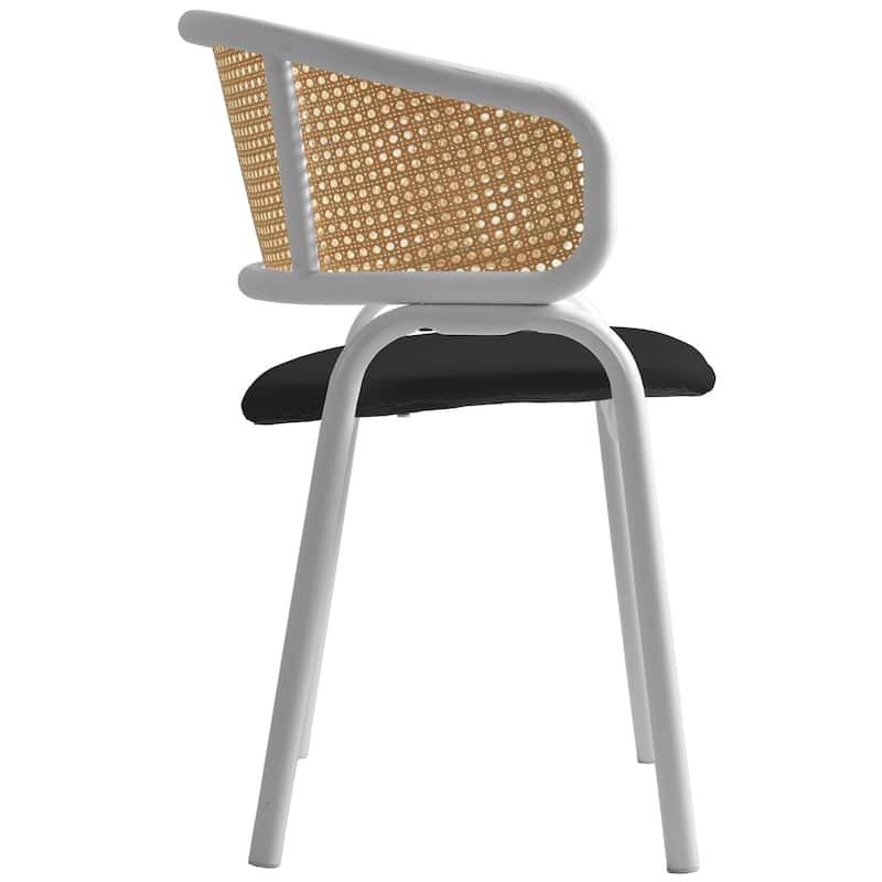 LeisureMod Set of 2 Minimalist Leather Dining Chairs with Wicker Back in Steel Frame - Side Chair for Home Office & Kitchen
