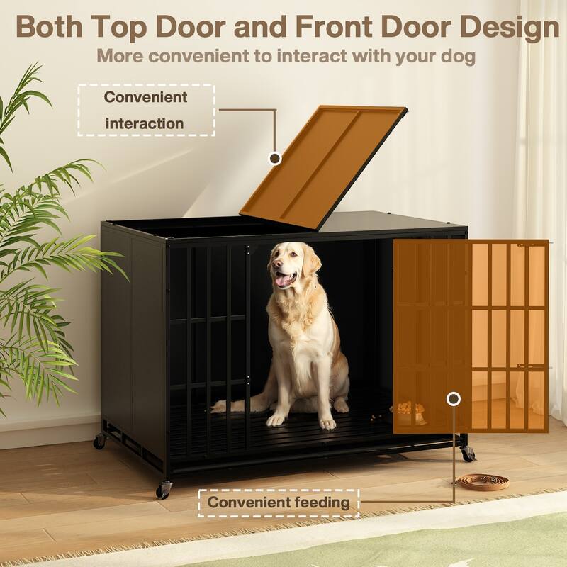 BOSSIN 48/42 inch Heavy Duty Steel Dog Crate Kennel with Wheels, Escape-Proof, Removable Tray for Large Dogs, Black