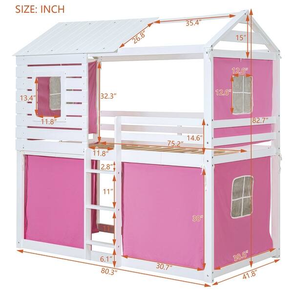 dimension image slide 0 of 4, Solid Pine Wood Bunk Bed with Roll-Away Tent, Windows, Roof
