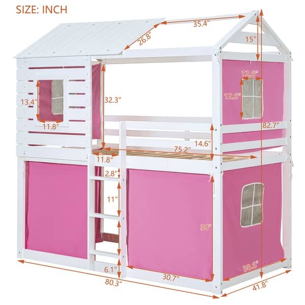 dimension image slide 0 of 4, Solid Wood House Bunk Bed with Tent, Ladder, and Fence