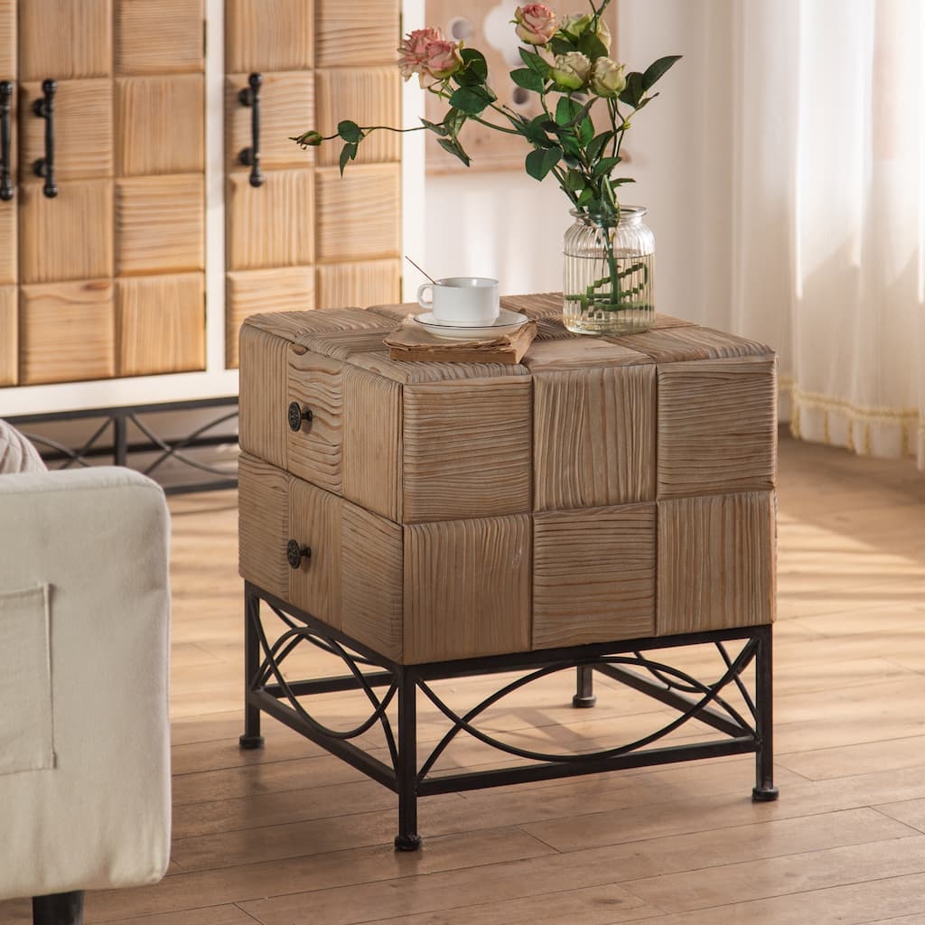 Retro Square Coffee Table With 2 Drawers Small Grid Splicing Design - 21.06*47.64