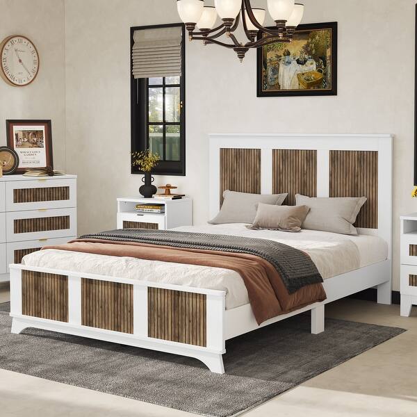 slide 2 of 10, Farmhouse Platform Queen Size Bed, Modern Wooden Bed with Wooden Strip Decoration, Plywood Slats Support, White White