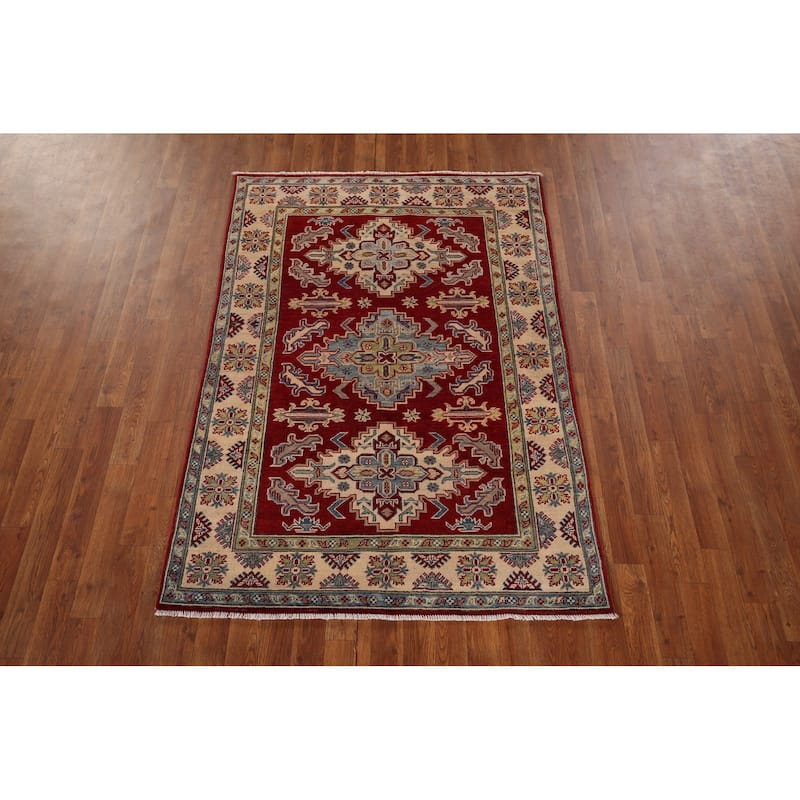 Traditional Red Kazak Area Rug Hand-Knotted Geometric Wool Carpet - 3'11" x 5'9"