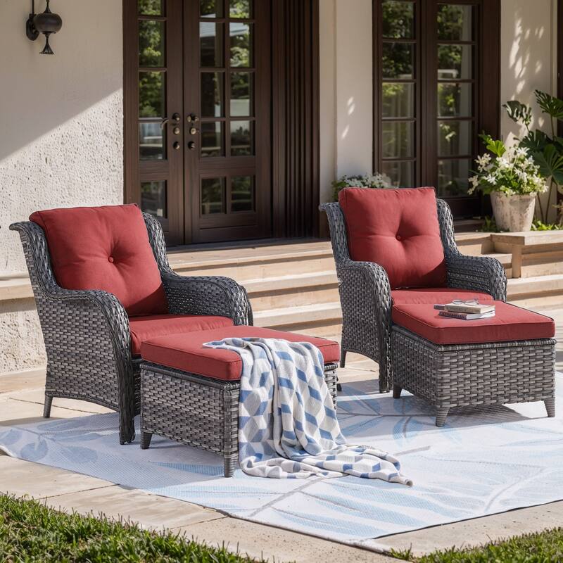 Pocassy Outdoor Patio Chairs Ottoman Table with 4 Inch Cushion - 4 Pieces Patio Chair w/ Ottoman - Grey Rattan Red Cushion