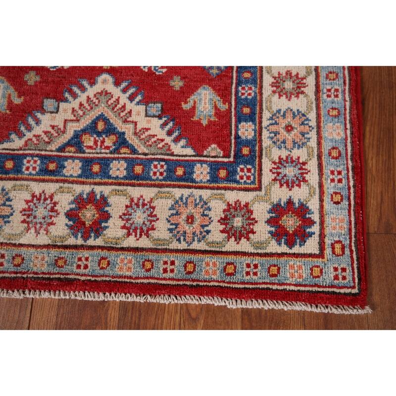 Red Geometric Kazak Runner Rug Hand-Knotted Wool Carpet - 2'7" x 9'8"