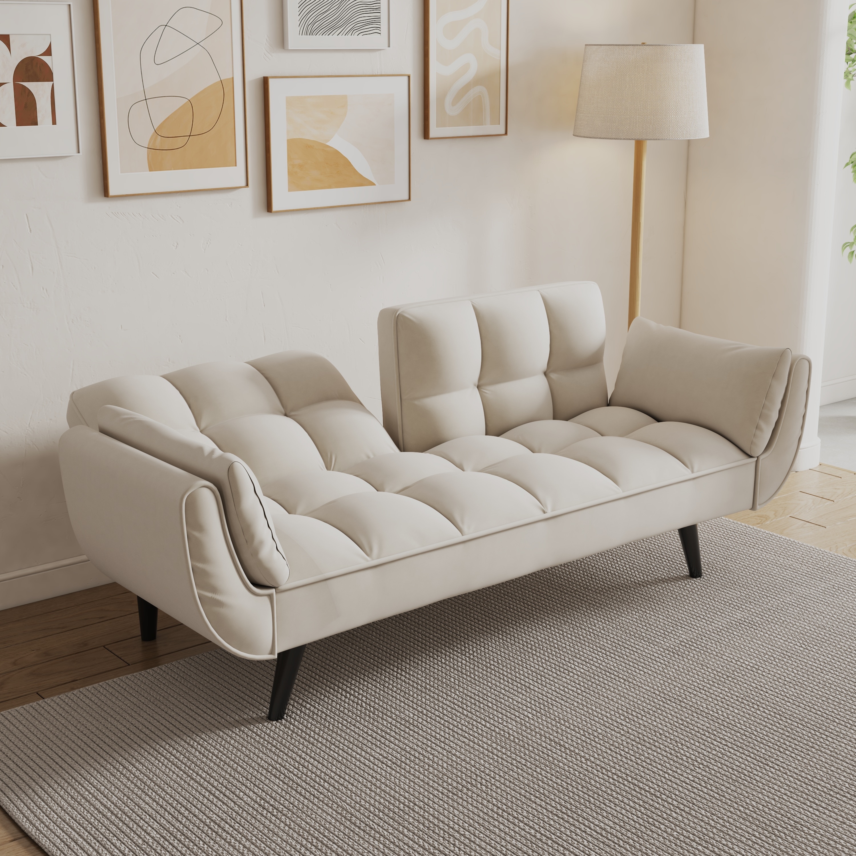 57 inch beige sofa soft two armrests throw pillow pillow comfortable fit apartment bedroom small space Bed Bath Beyond 40116099