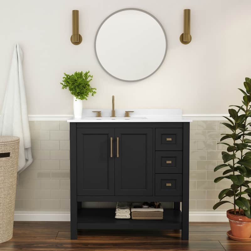 Bathroom Vanity with Sink, Open Storage, and Storage Drawers - 36 Inch - Black Frame/Gold Hardware