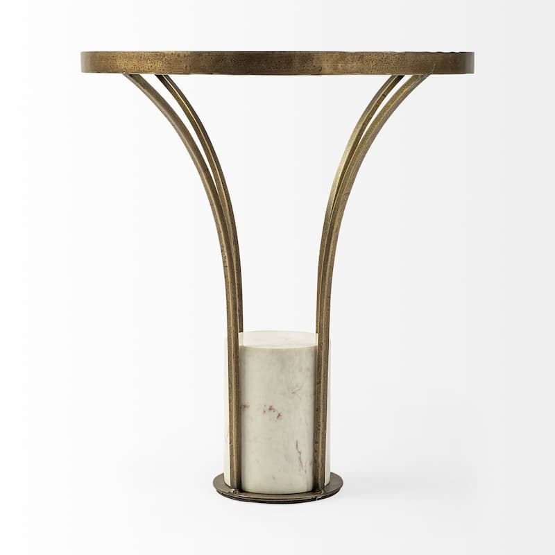 Jacinta II Glass Top with Gold Metal and White Marble Pedestal Round Side Table