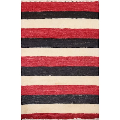 Contemporary Wool Striped Gabbeh Kashkoli Area Rug Hand-knotted Carpet - 2'1" x 3'0"