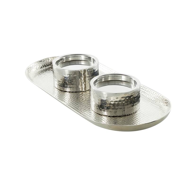 Gold or Silver Stainless Steel Metal Hammered Candle Holder with Oval Tray Plate