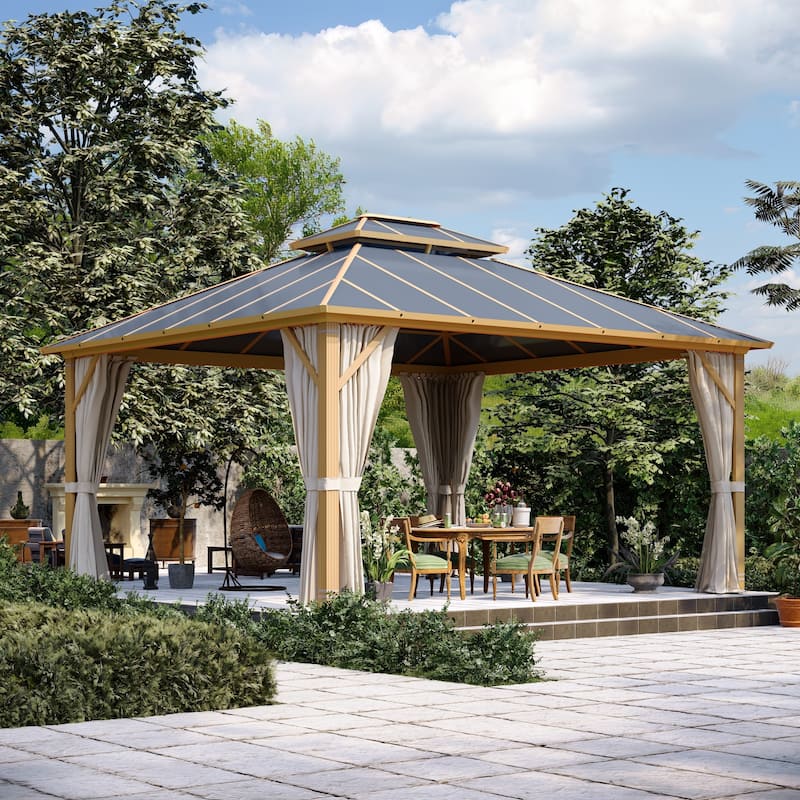 EROMMY Hardtop Gazebo, Waterproof Aluminum Pavilion with Netting & Curtains for Patio, Garden - 12'x14' - Wood Grain Finish