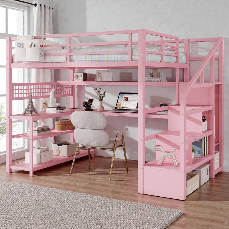 Full Size Metal Loft Bed with Staircase Storage, Wardrobe, Desk, Shelves, LED Lights and Charging Station