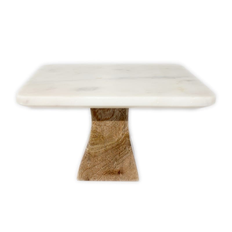 Sm. White Marble Square Cake Plate w/ Mango Wood Base 8"x8"