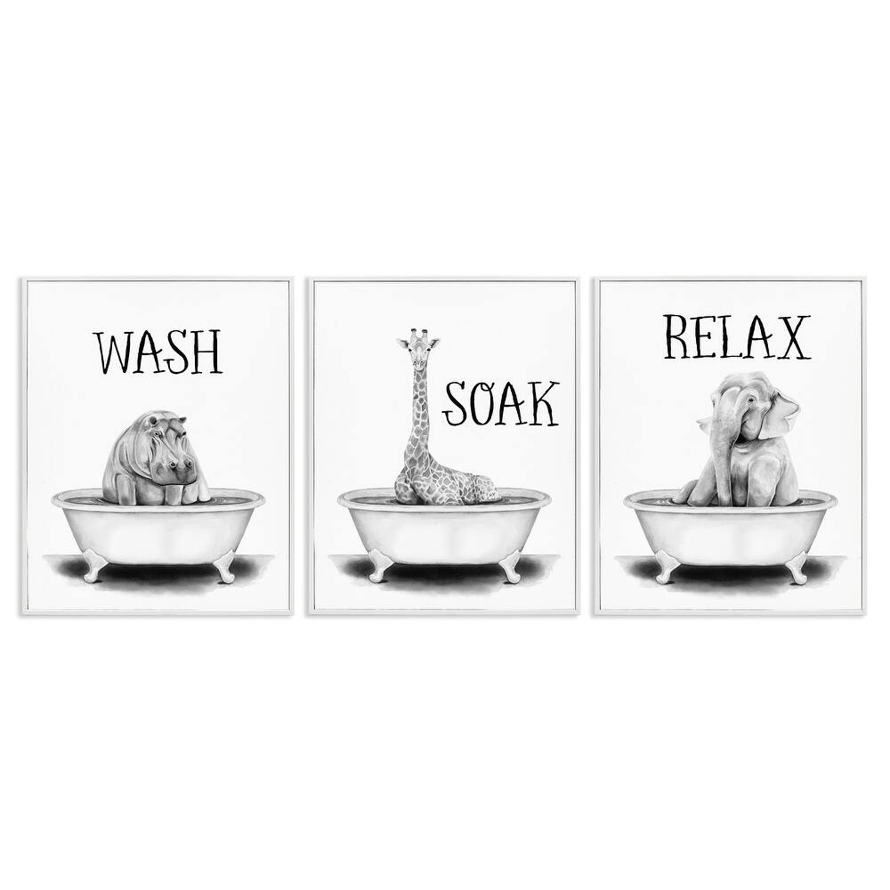Stupell Wash Soak And Relax Jungle Animal Bath Tub, 3pc Multi Piece Framed Wall Art Set, 3pc Set