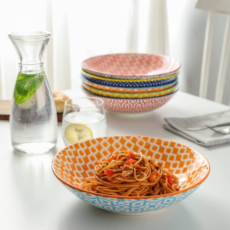 Porcelain 40oz Large Bowls 9 inch Big Pasta Salad Bowls, Microwave and Oven Safe,Set of 6